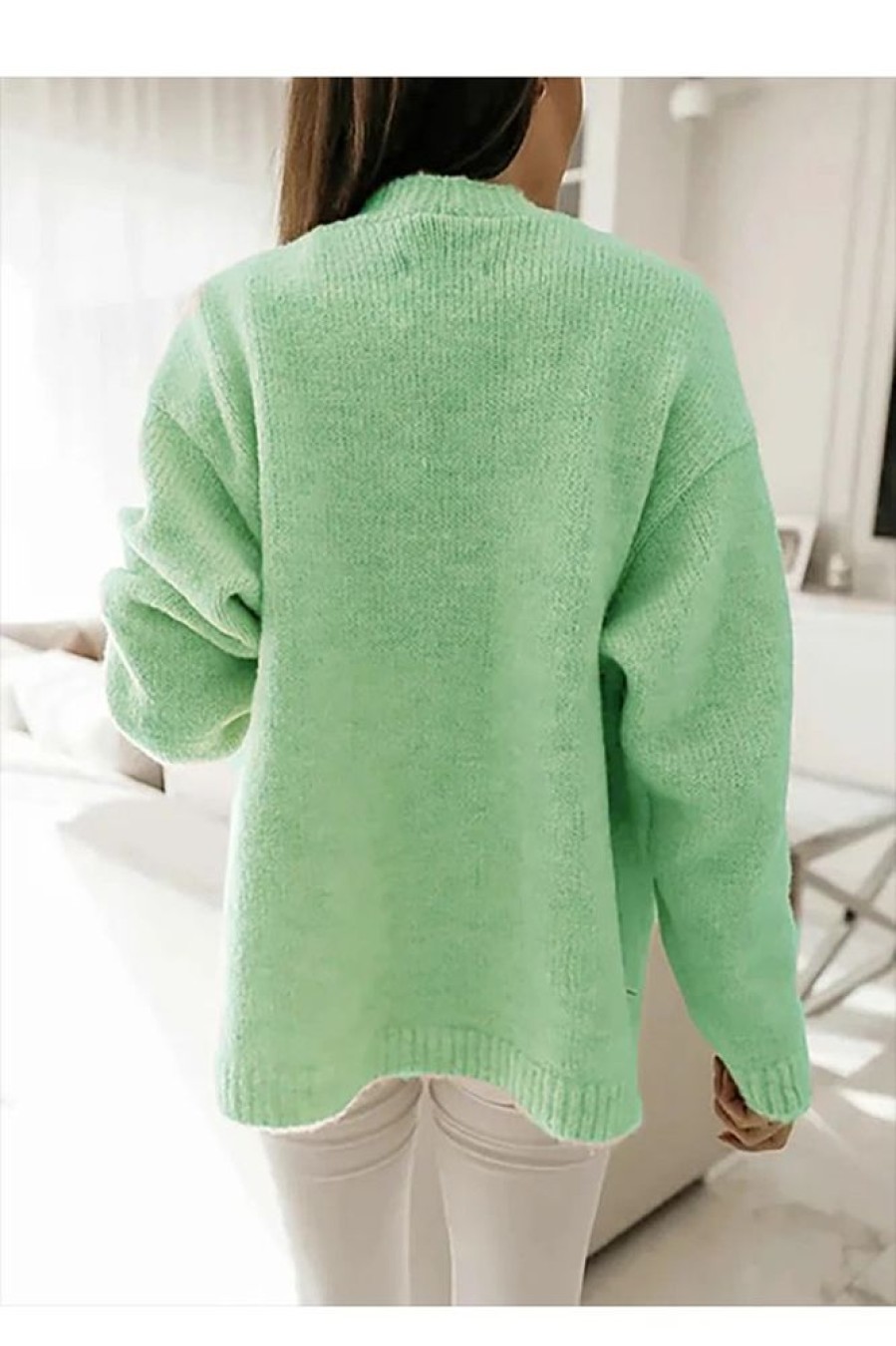 Clothing Azzlee Sweater & Cardigans | Casual Lapel Solid Long Sleeve Sweater Green