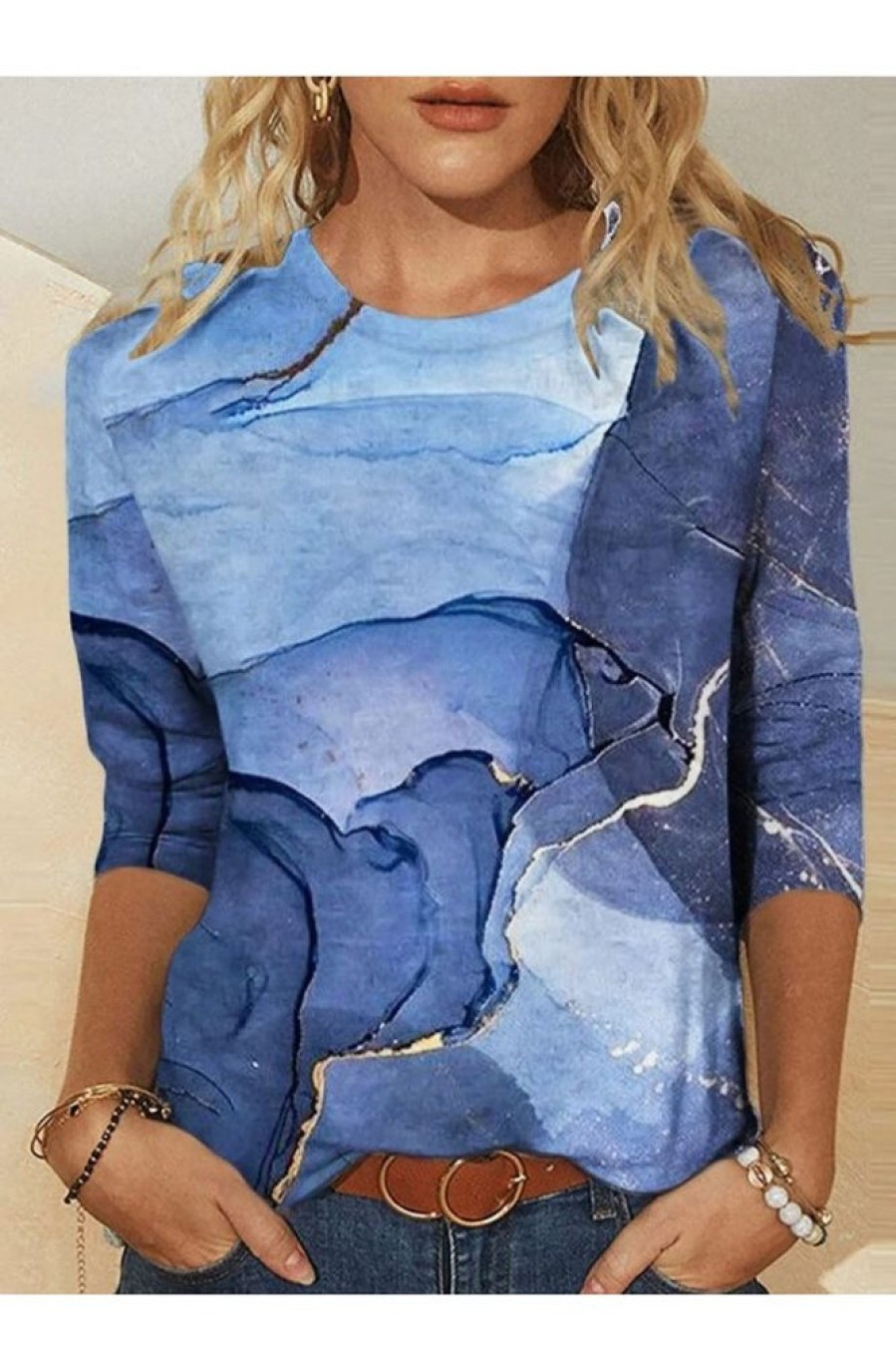 Clothing Azzlee Sweatshirt & Hoodies | Casual Round Neck Printed Long Sleeve Blouse Blue