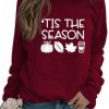 Clothing Azzlee Sweatshirt & Hoodies | Casual Tis The Season Slogan Loose Crew Neck Sweatshirt Wine Red