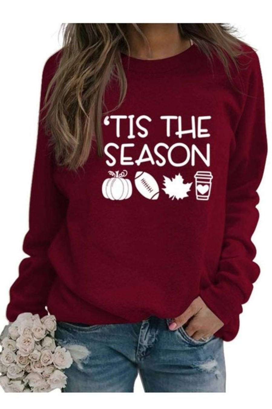 Clothing Azzlee Sweatshirt & Hoodies | Casual Tis The Season Slogan Loose Crew Neck Sweatshirt Wine Red