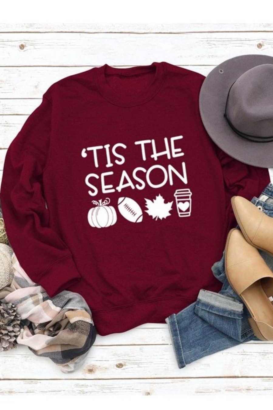 Clothing Azzlee Sweatshirt & Hoodies | Casual Tis The Season Slogan Loose Crew Neck Sweatshirt Wine Red