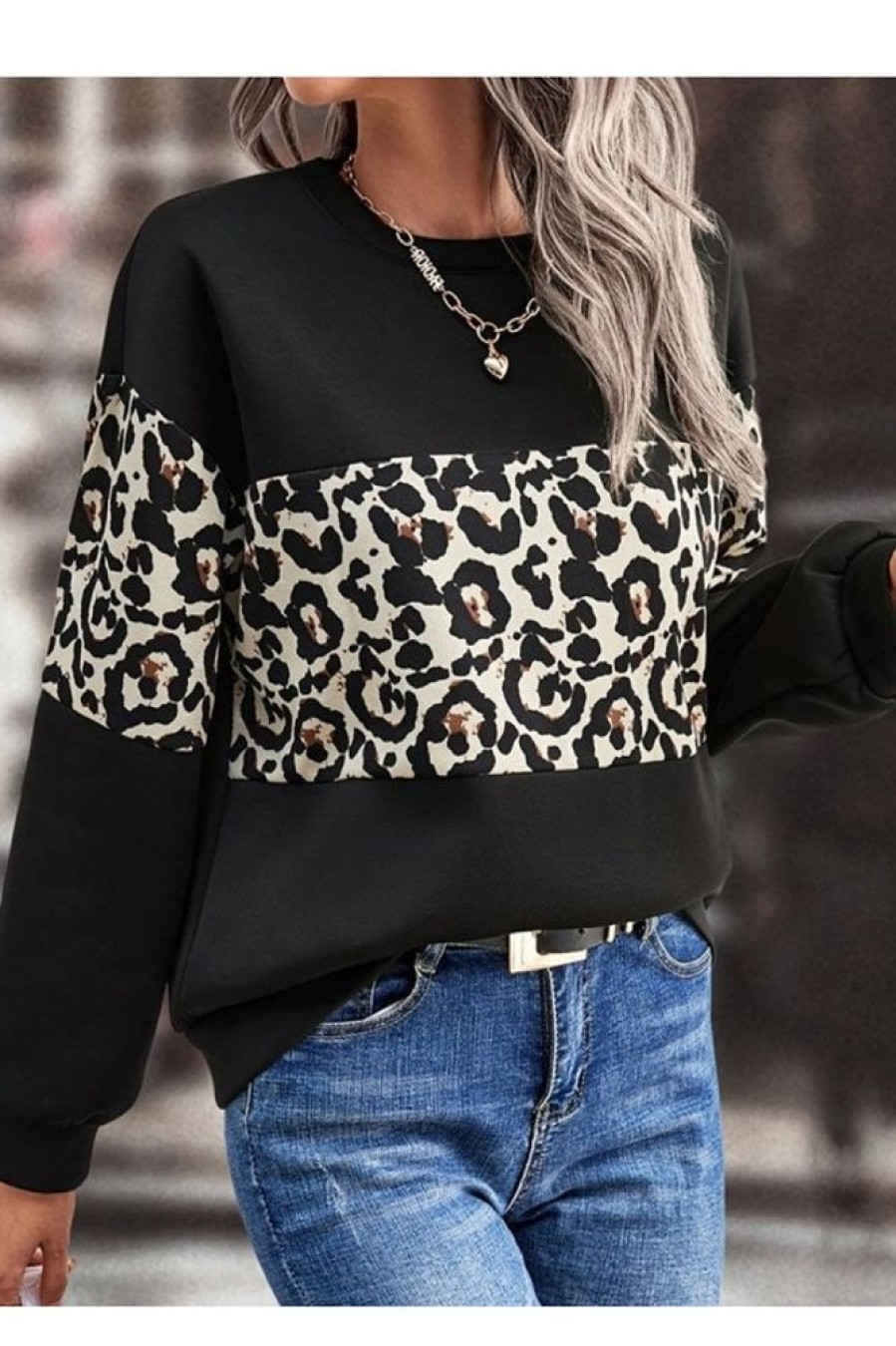 Clothing Azzlee Sweatshirt & Hoodies | Casual Crew Neck Leopard Print Sweatshirt Black