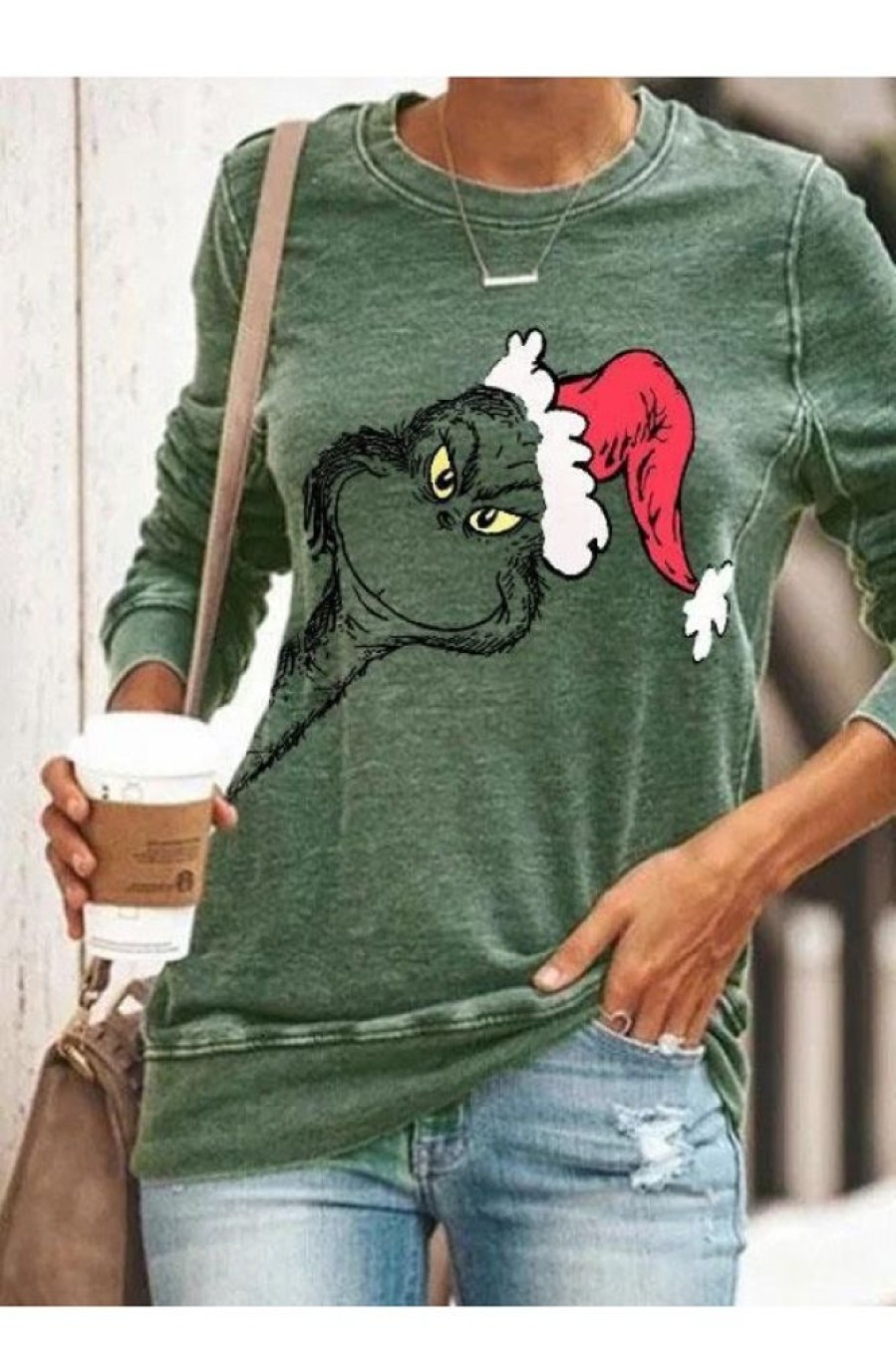 Clothing Azzlee Sweatshirt & Hoodies | Casual Graphic Tops Round Neck Long Sleeve Christmas Monster Elements Printed Sweatshirt Green