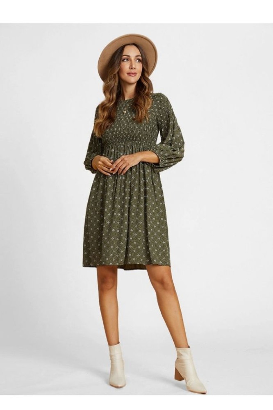 Clothing Azzlee Midi Dresses | Floral Printed Round Neck Long Sleeve Midi Dress Green