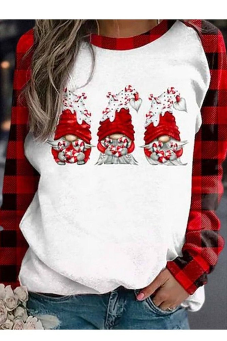 Clothing Azzlee Sweatshirt & Hoodies | Christmas Gnomes Plaid Print Crew Neck Long Sleeve Sweatshirt Red