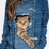 Clothing Azzlee Sweatshirt & Hoodies | Women Cat Print Long Sleeve Round Neck Sweatshirt Blue