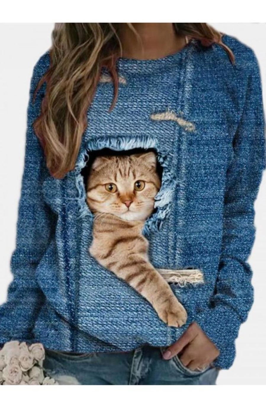 Clothing Azzlee Sweatshirt & Hoodies | Women Cat Print Long Sleeve Round Neck Sweatshirt Blue