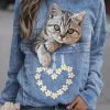 Clothing Azzlee Sweatshirt & Hoodies | Casual Graphic Tops Round Neck Long Sleeve Cat Printed Sweatshirts Blue