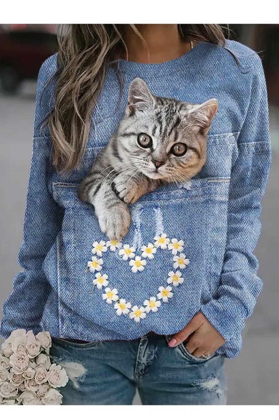 Clothing Azzlee Sweatshirt & Hoodies | Casual Graphic Tops Round Neck Long Sleeve Cat Printed Sweatshirts Blue