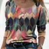 Clothing Azzlee Blouse & Shirts | Casual Round Neck Color Block Printed Long Sleeve Blouse Red