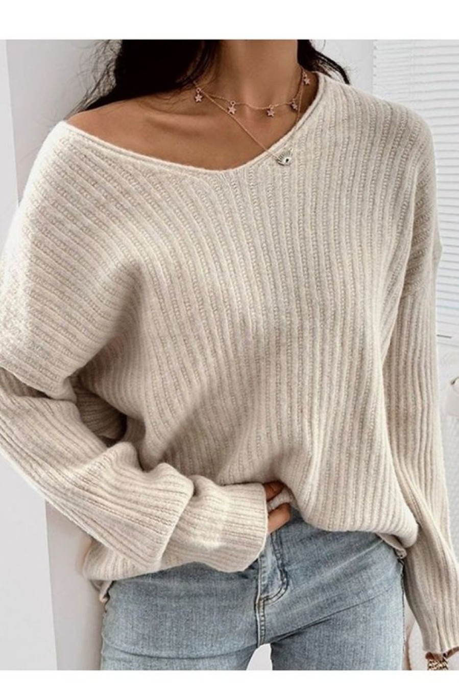 Clothing Azzlee Sweater & Cardigans | Long Sleeve Plain Sweater Apricot