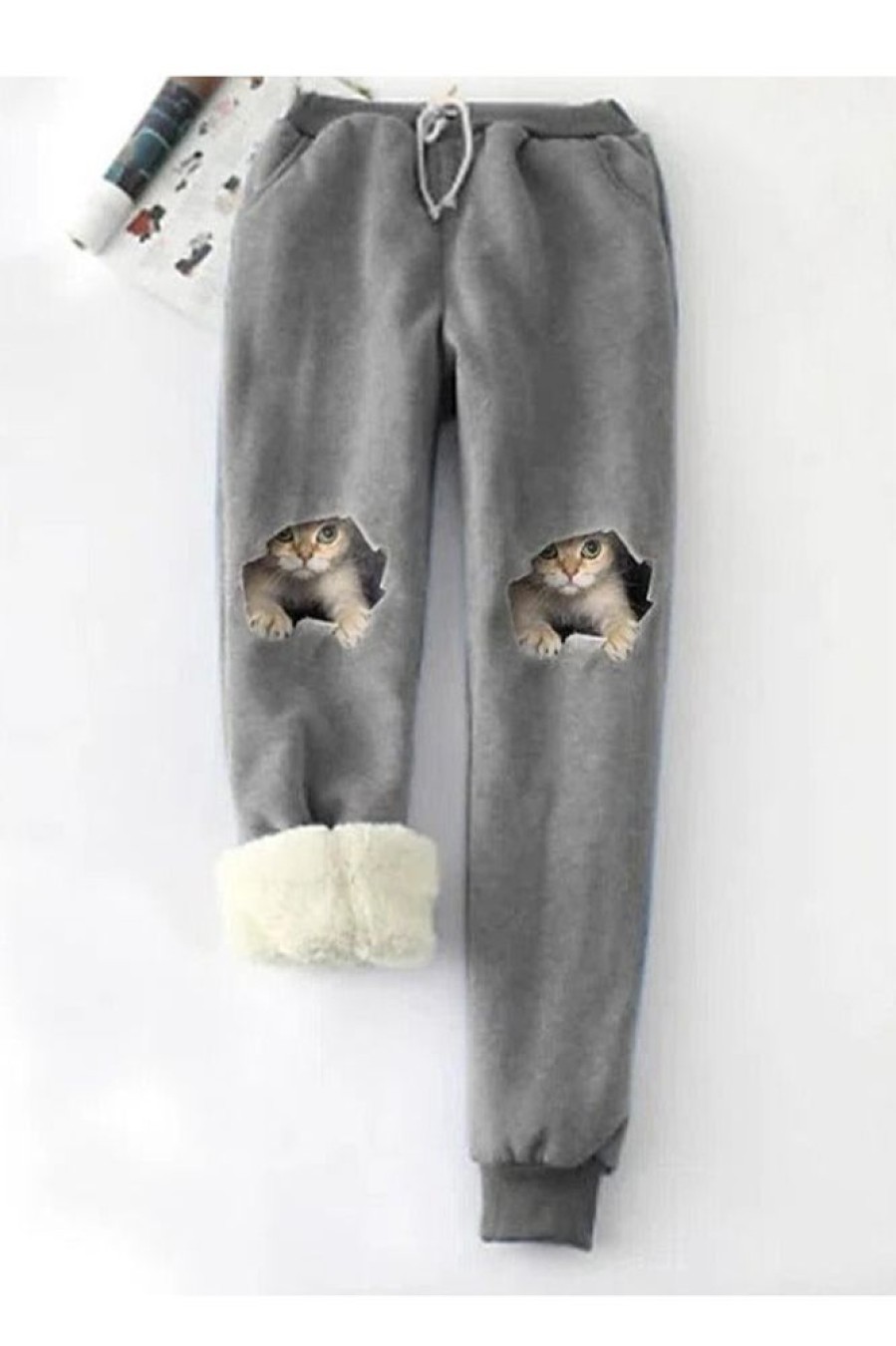 Clothing Azzlee Pants | Casual Graphic Bottoms Cat Printed Fleece Pants Gray