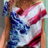 Clothing Azzlee Blouse & Shirts | Casual Graphic Tops V-Neck Short Sleeve Abstract Printed Blouse Red-Blue