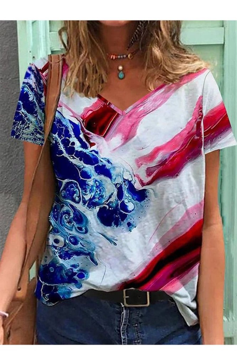 Clothing Azzlee Blouse & Shirts | Casual Graphic Tops V-Neck Short Sleeve Abstract Printed Blouse Red-Blue