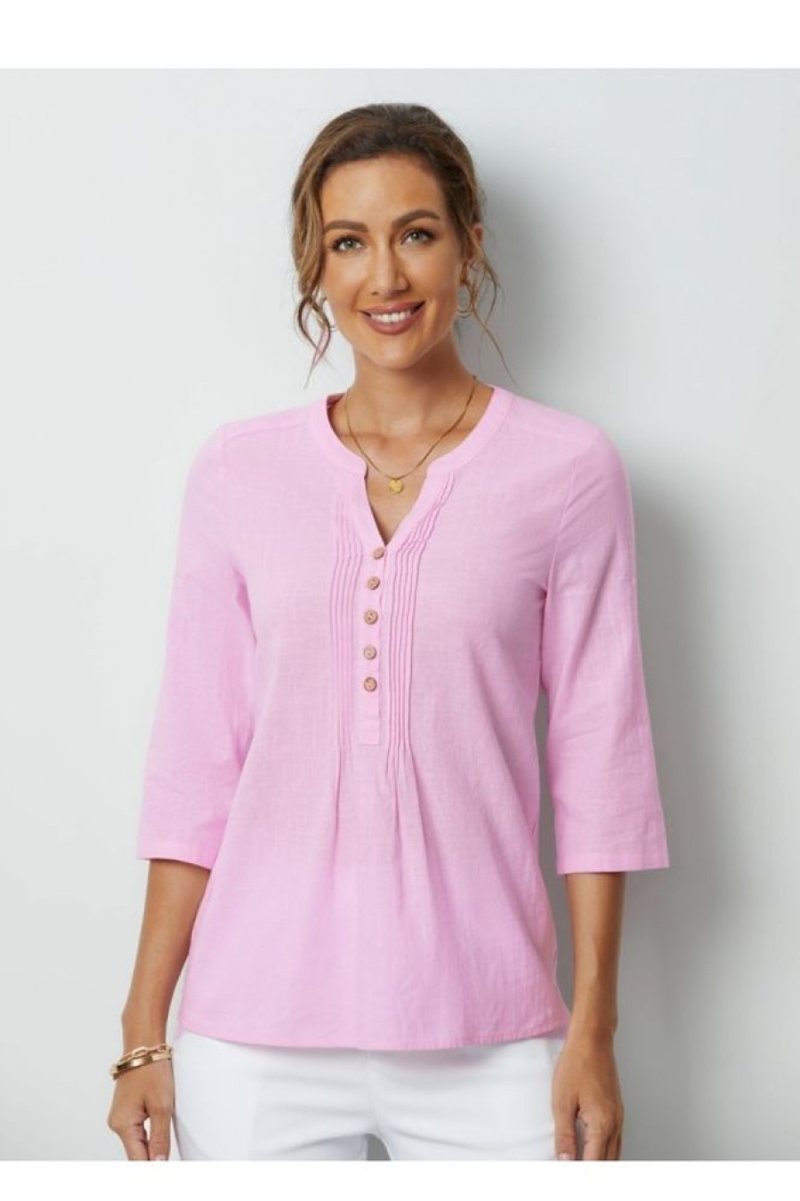 Clothing Azzlee Blouse & Shirts | Solid Casual 3/4 Sleeve Buttons Blouse Pink