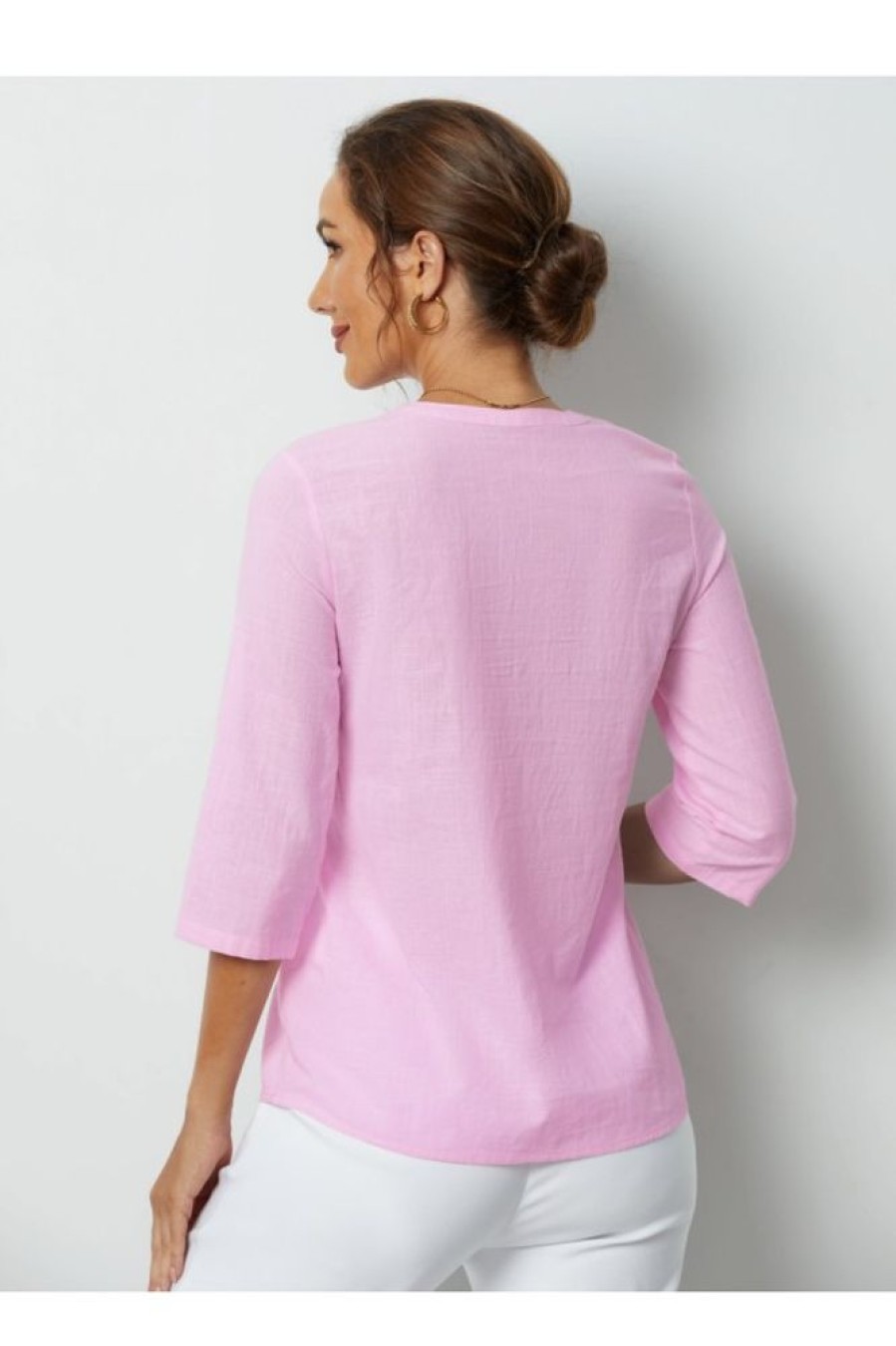 Clothing Azzlee Blouse & Shirts | Solid Casual 3/4 Sleeve Buttons Blouse Pink