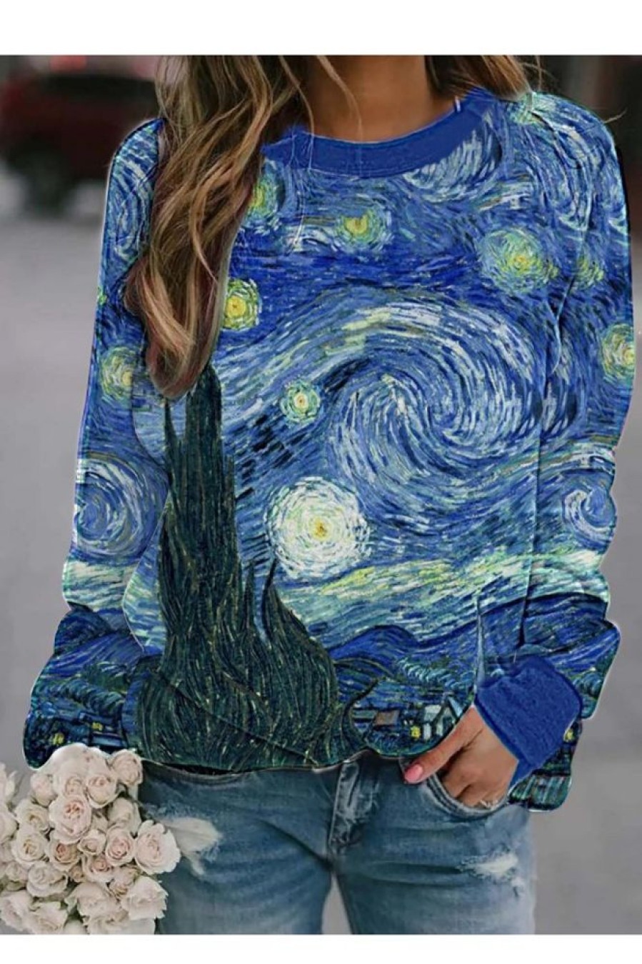 Clothing Azzlee Sweatshirt & Hoodies | Casual Graphic Tops Round Neck Long Sleeve Starry Sky Printed Sweatshirts Multi