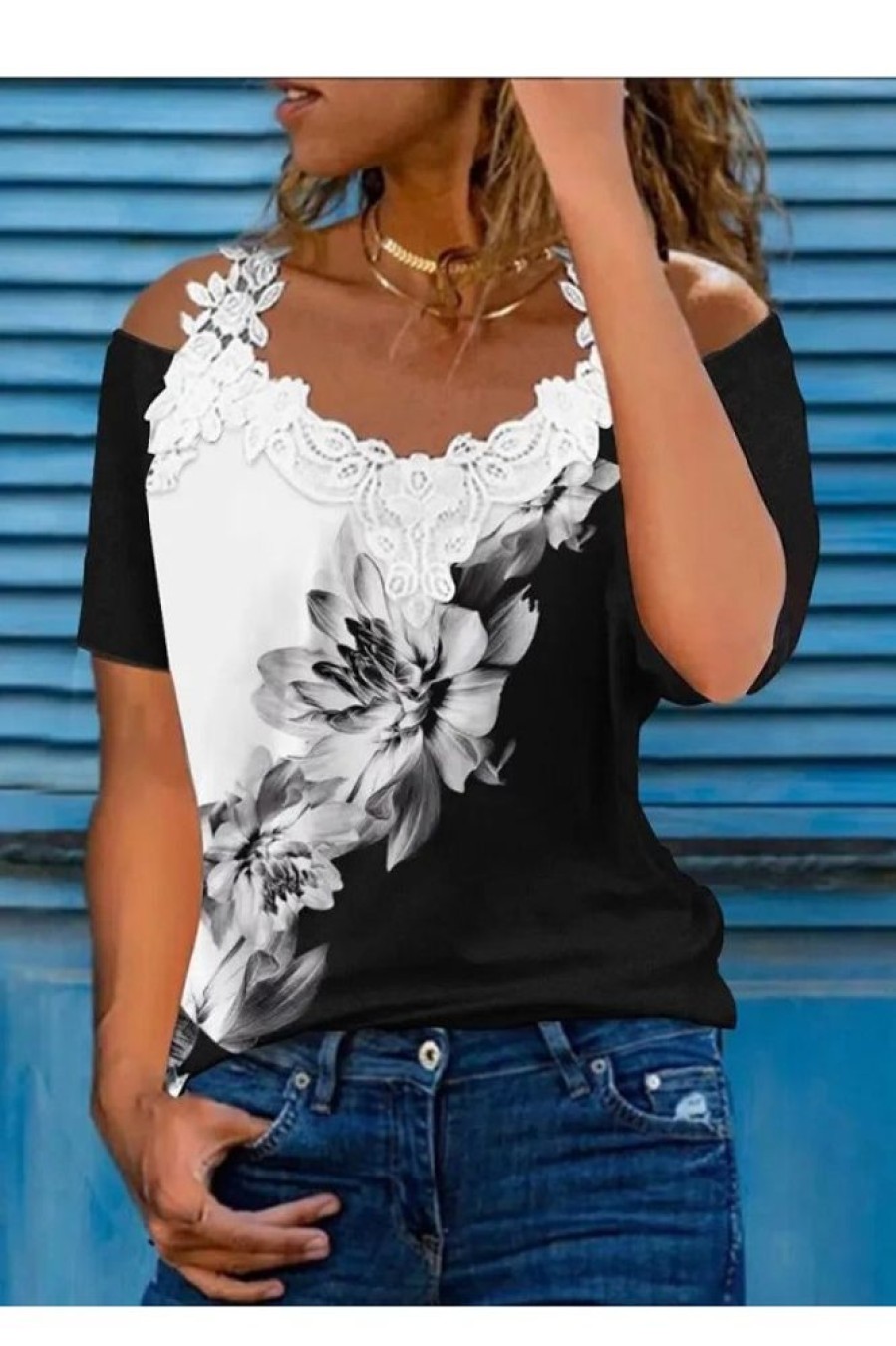 Clothing Azzlee Blouse & Shirts | Casual Graphic Tops V Neck Floral Printed Short Sleeve Blouse Black