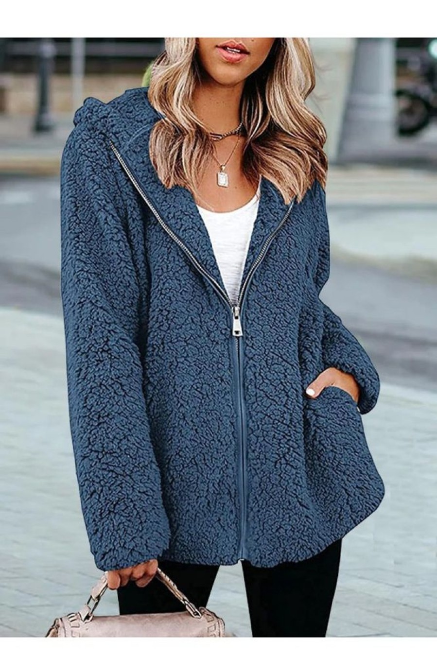 Clothing Azzlee Coats | Casual Hooded Zipper Long Sleeve Coats Blue