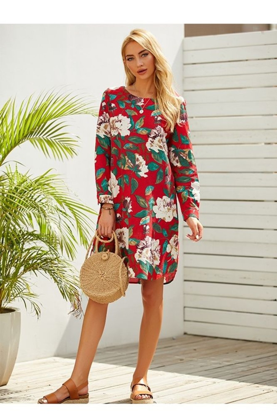 Clothing Azzlee Mini Dresses | Crew Neck Floral Print Casual Long Sleeve Mini Dress