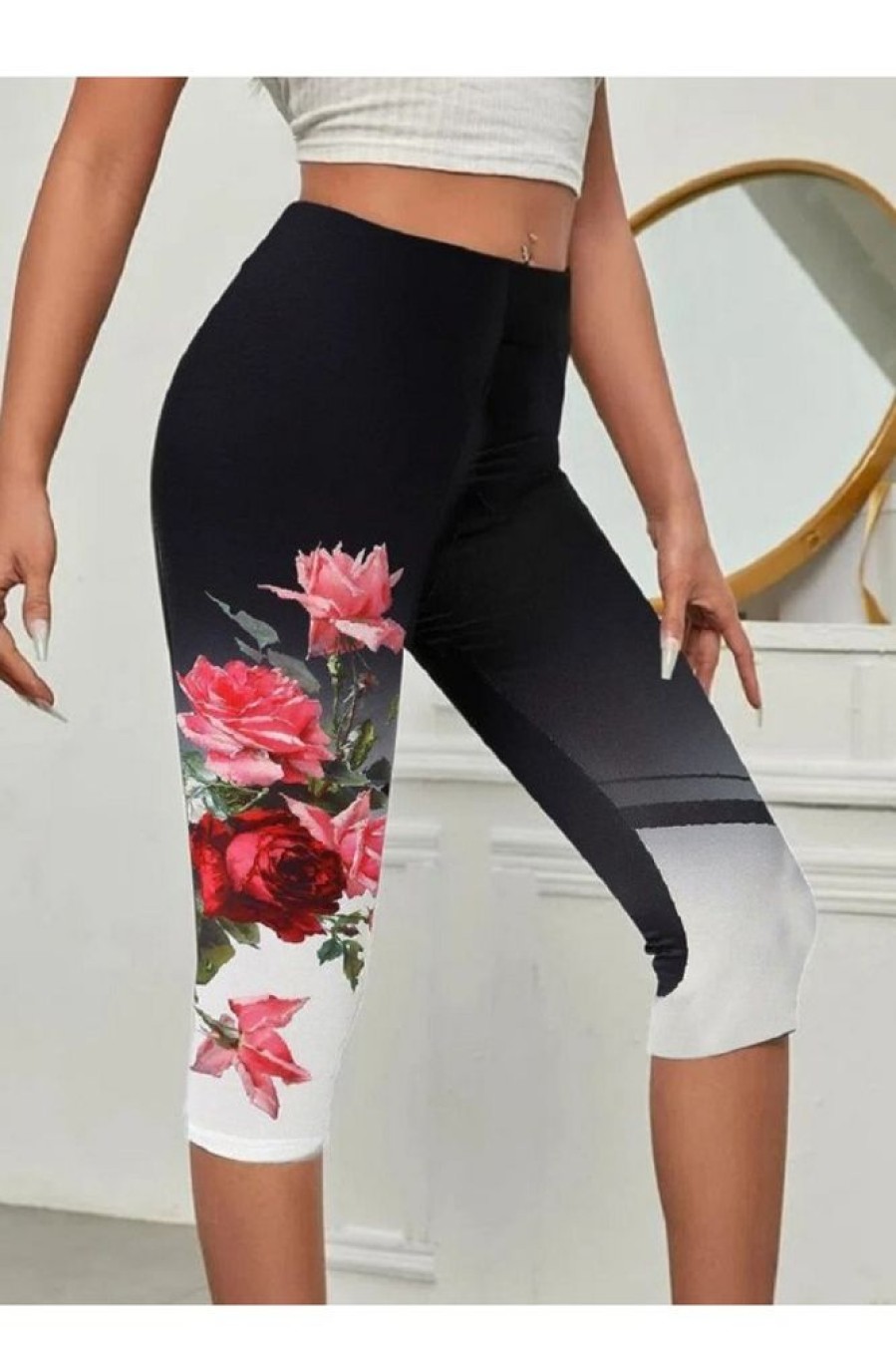 Clothing Azzlee Leggings | Casual Floral Printed Capris Leggings Black