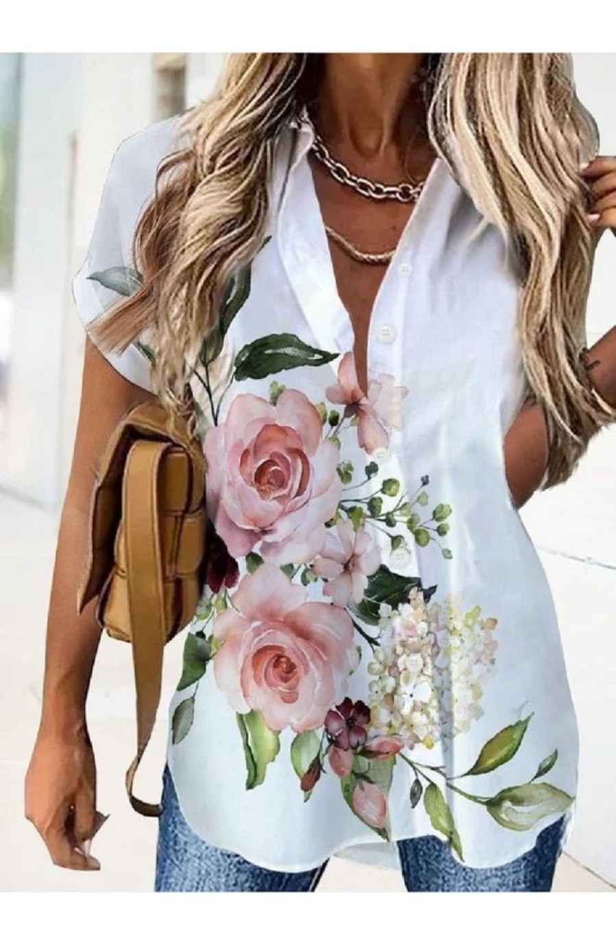 Clothing Azzlee Blouse & Shirts | Casual V Neck Floral Printed Short Sleeve Blouse White