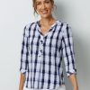 Clothing Azzlee Blouse & Shirts | Plaid Buttons V-Neck 3/4 Sleeve Blouse Navy