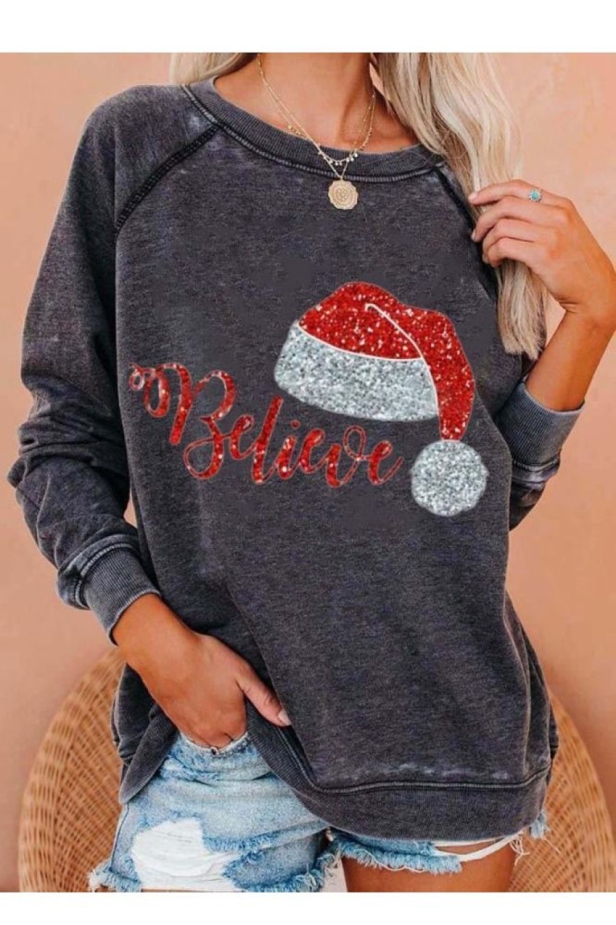 Clothing Azzlee Sweatshirt & Hoodies | Casual Graphic Tops Round Neck Long Sleeve Christmas Believe Printed Sweatshirts Dark Grey