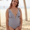 Clothing Azzlee Plus Size | Plus Size Black And White Striped V-Neck One Piece Swimsuit Black&White