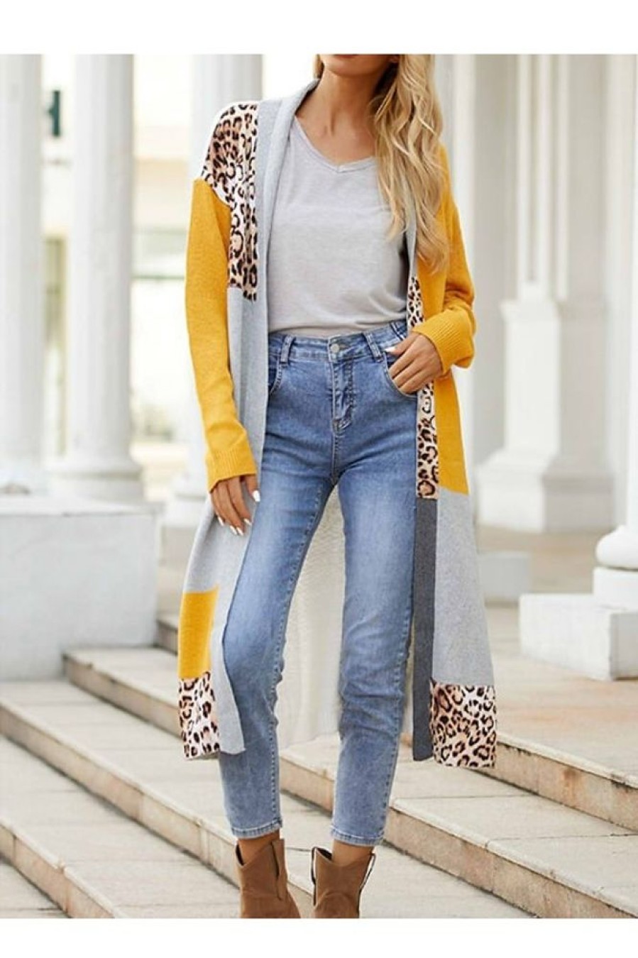 Clothing Azzlee Sweater & Cardigans | Splicing Casual Lapel Long Sleeve Cardigan Leopard