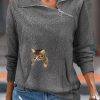 Clothing Azzlee Sweatshirt & Hoodies | Casual Graphic Tops Lapel Long Sleeve Cat Printed With Zipper Pockets Sweatshirts Gray