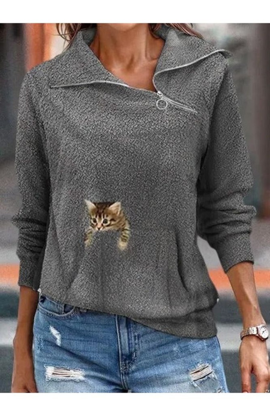 Clothing Azzlee Sweatshirt & Hoodies | Casual Graphic Tops Lapel Long Sleeve Cat Printed With Zipper Pockets Sweatshirts Gray