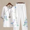 Clothing Azzlee | Casual Round Neck Dragonfly Printed Half Sleeve Two Piece Suit White