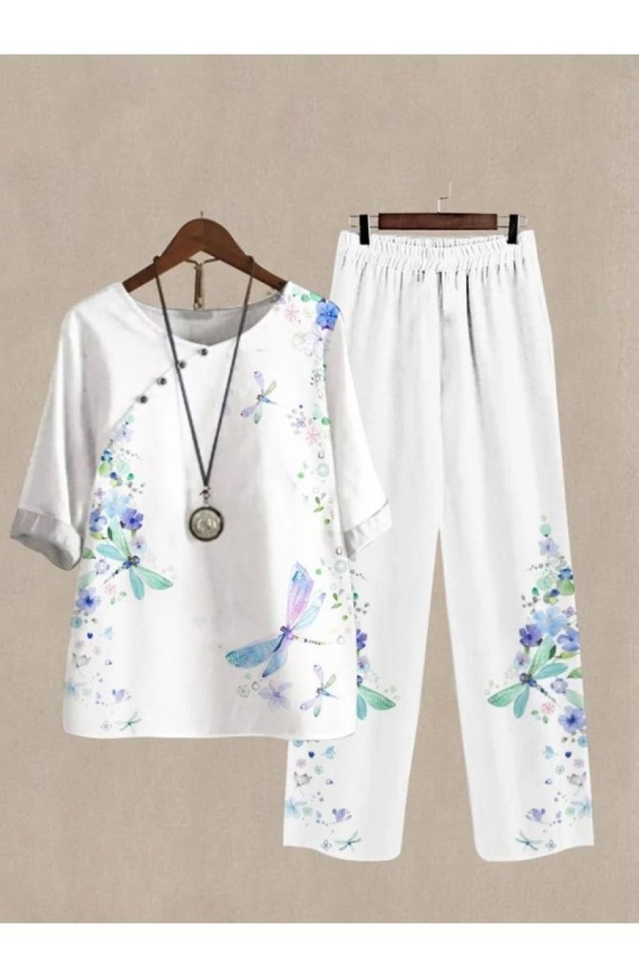 Clothing Azzlee | Casual Round Neck Dragonfly Printed Half Sleeve Two Piece Suit White