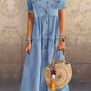 Clothing Azzlee Maxi Dresses | Denim Short Sleeve Collared Maxi Shirt Dress With Pockets Light Blue