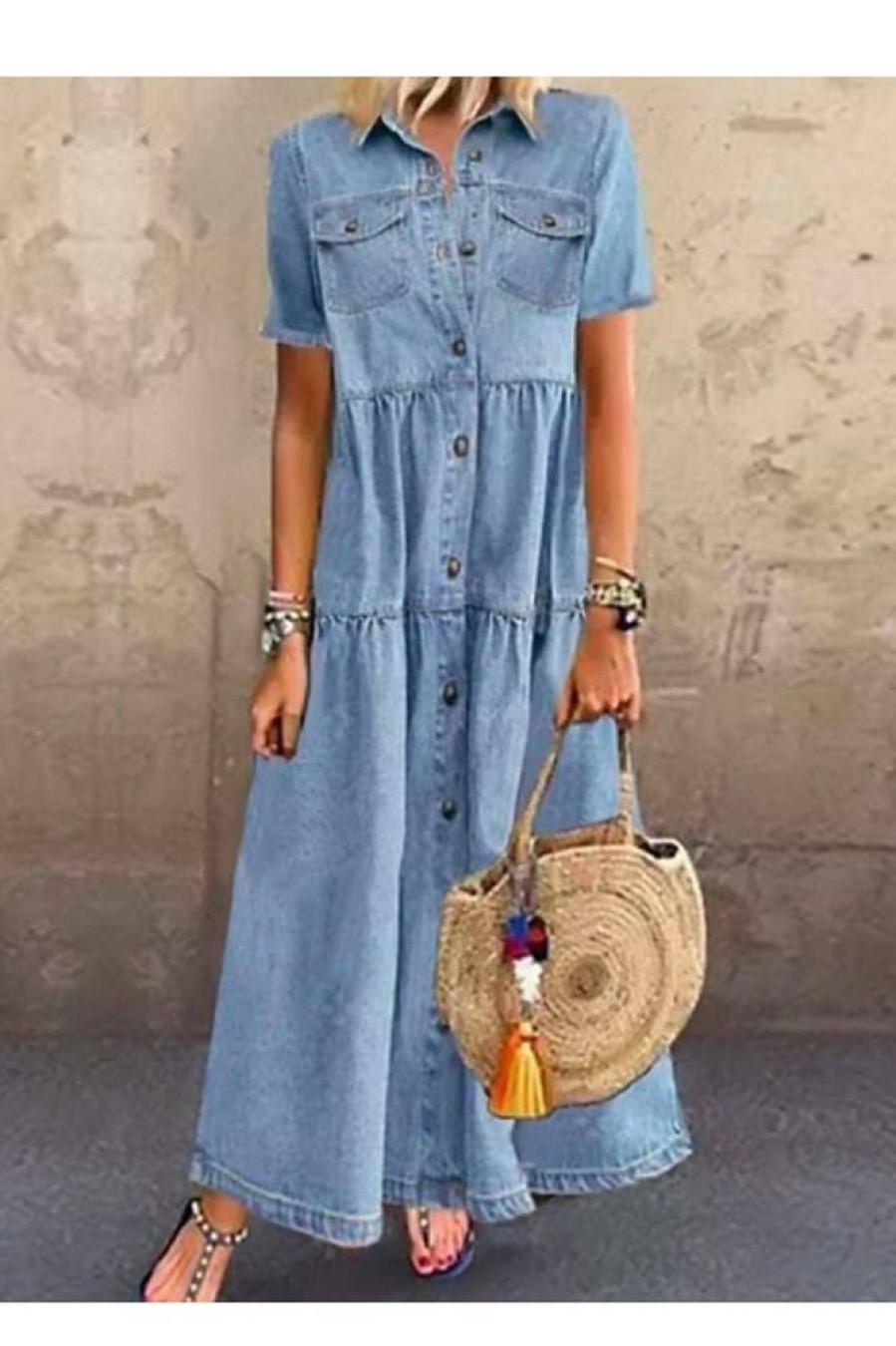 Clothing Azzlee Maxi Dresses | Denim Short Sleeve Collared Maxi Shirt Dress With Pockets Light Blue