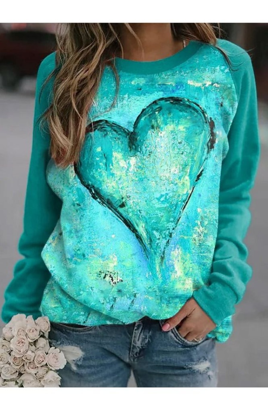 Clothing Azzlee Sweatshirt & Hoodies | Casual Tops Long Sleeve Heart Printed Sweatshirts Green