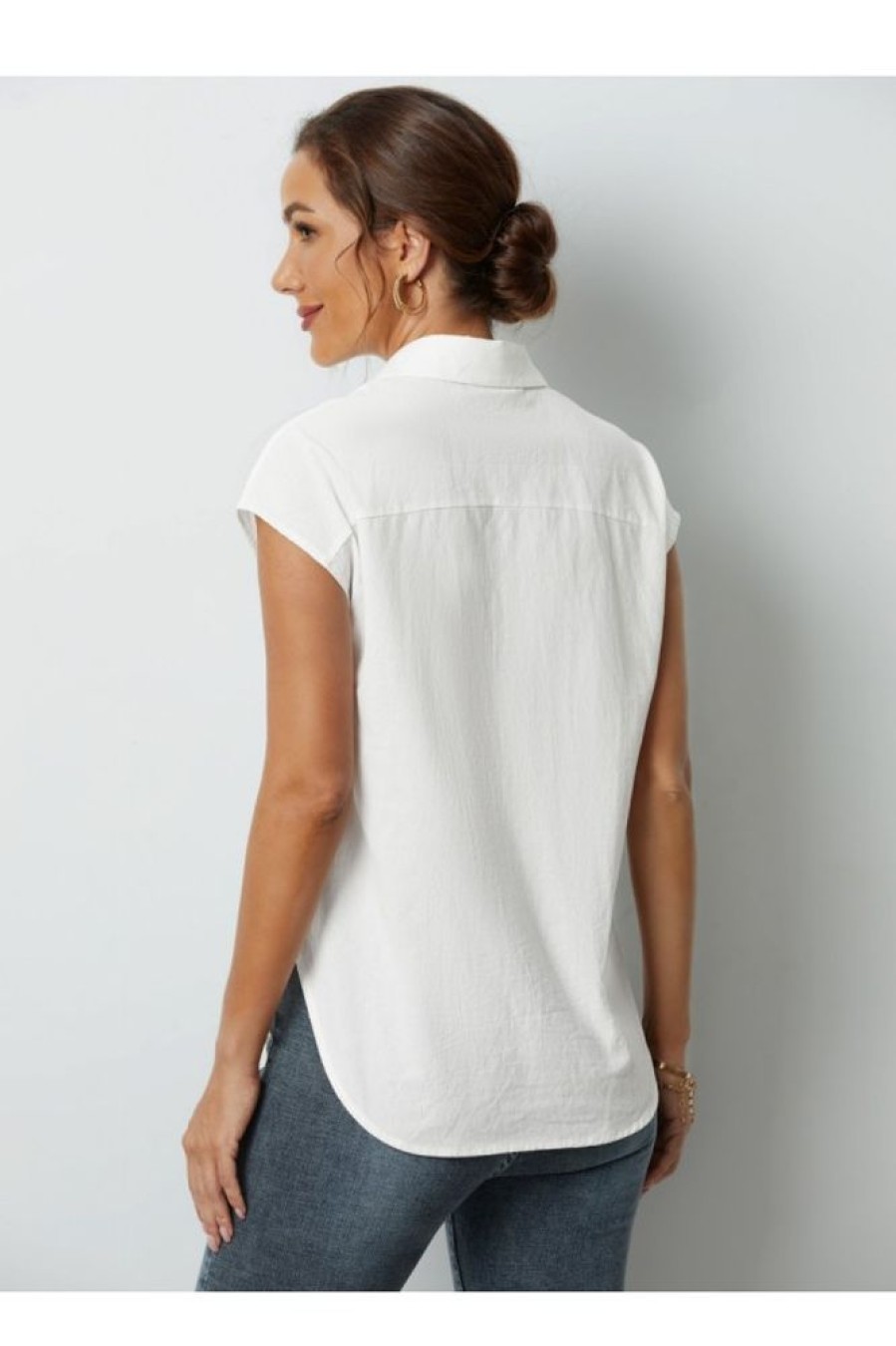 Clothing Azzlee Blouse & Shirts | Solid Buttons Collared Sleeveless Blouse White