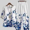 Clothing Azzlee | Casual Round Neck Floral Printed Half Sleeve Two Piece Suit Blue