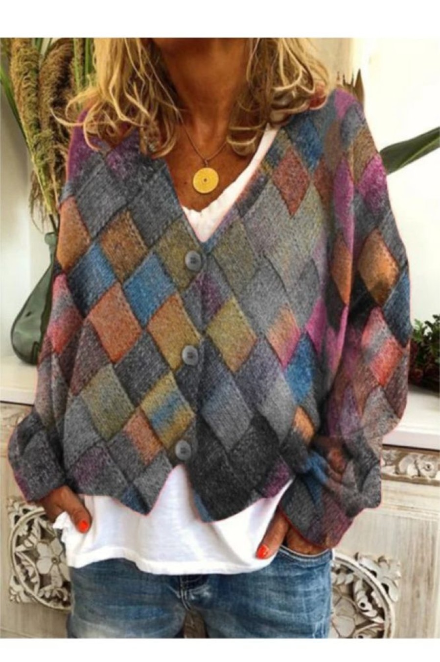 Clothing Azzlee Sweater & Cardigans | Plus Size Geometric Long Sleeve Sweater Coat Gray