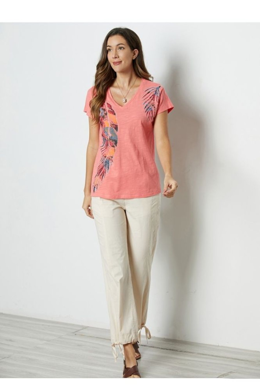 Clothing Azzlee Blouse & Shirts | Feather Print V-Neck Short Sleeve Blouse Hot Coral