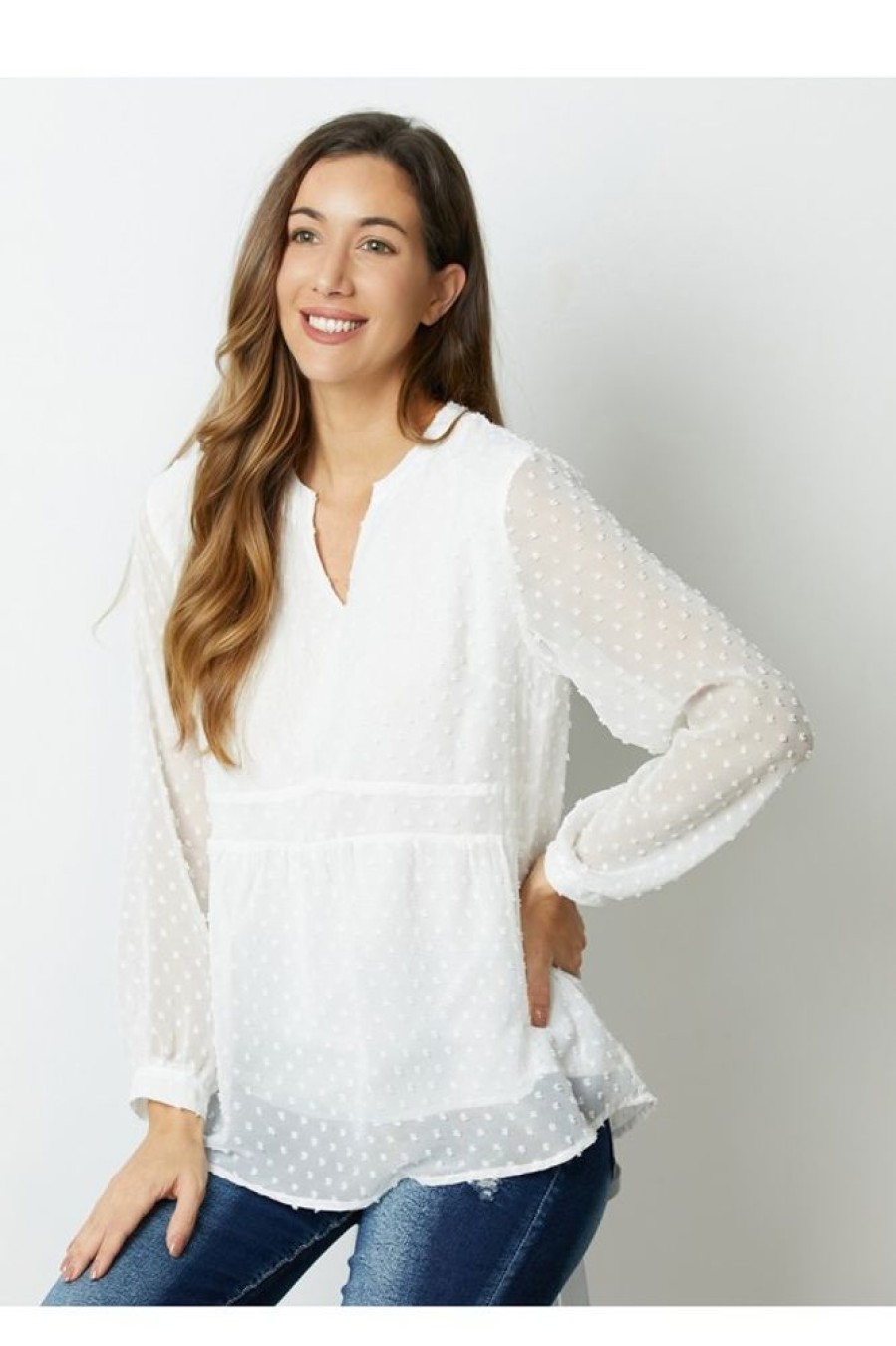 Clothing Azzlee Sweatshirt & Hoodies | Solid Lace V-Neck Long Sleeve Blouse Cream