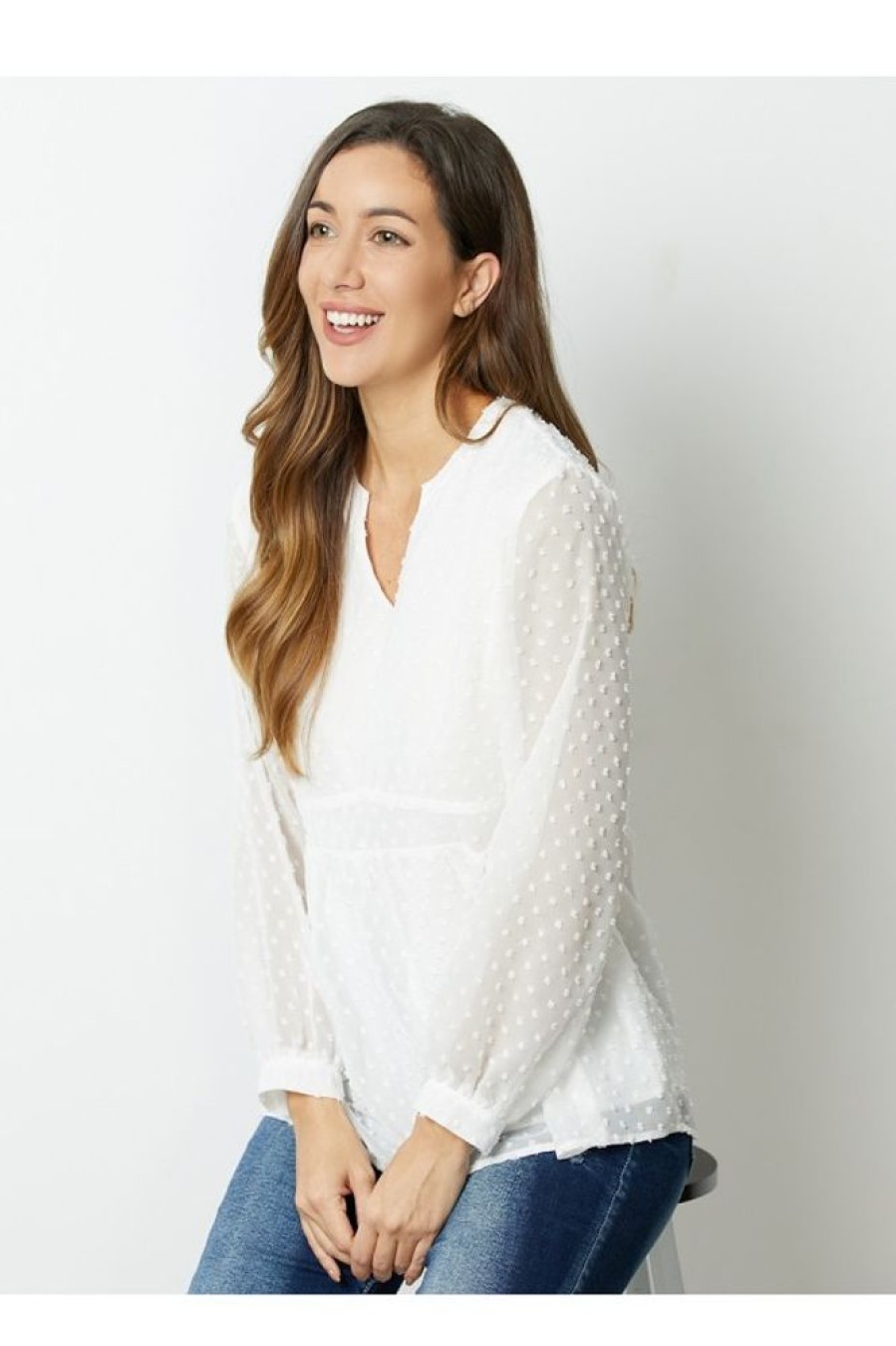 Clothing Azzlee Sweatshirt & Hoodies | Solid Lace V-Neck Long Sleeve Blouse Cream