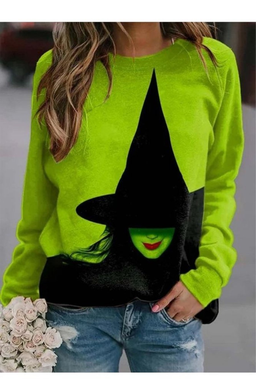 Clothing Azzlee Sweatshirt & Hoodies | Halloween Print Casual Loose Color Block Crew Neck Sweatshirt Green