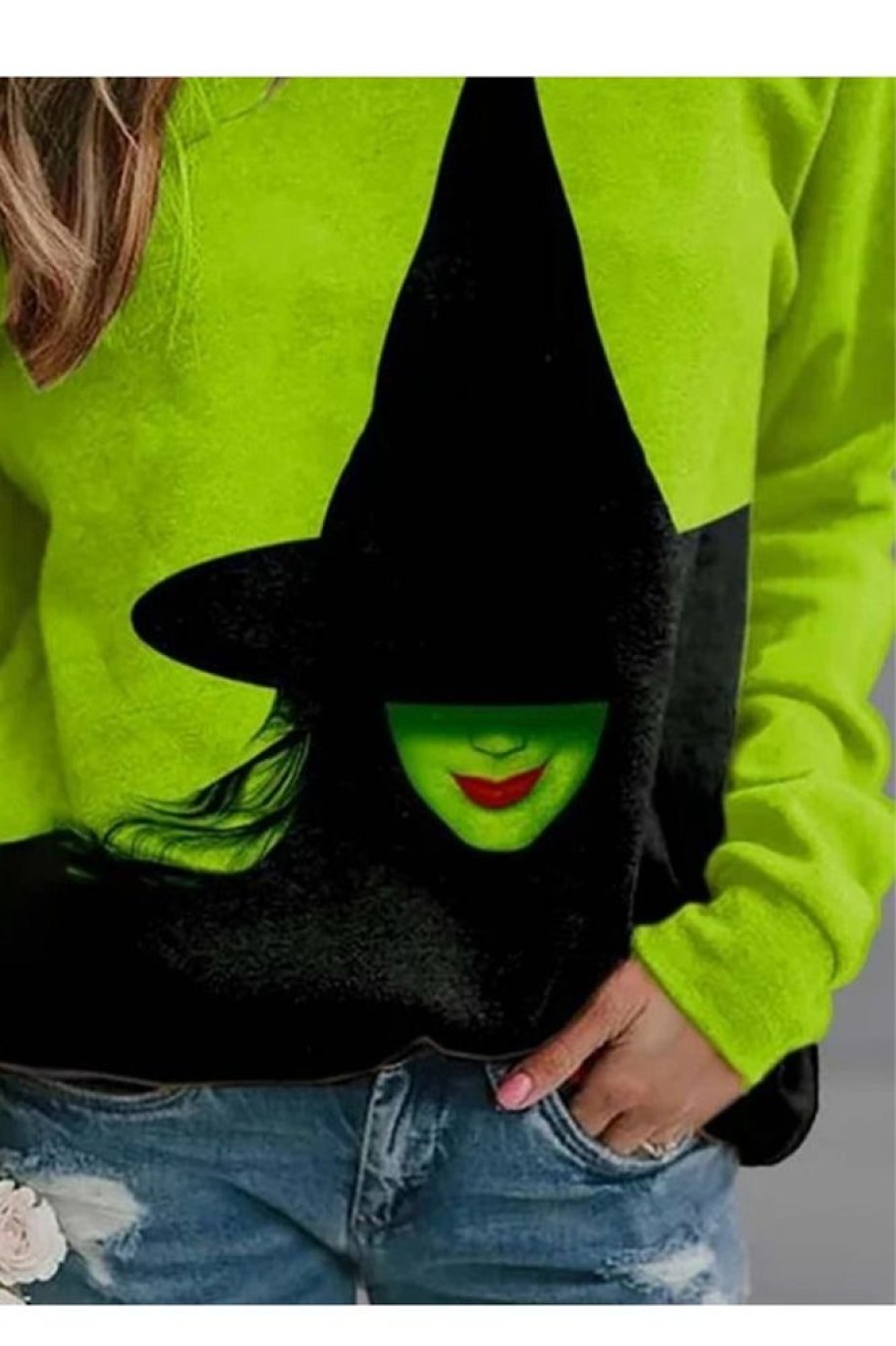 Clothing Azzlee Sweatshirt & Hoodies | Halloween Print Casual Loose Color Block Crew Neck Sweatshirt Green