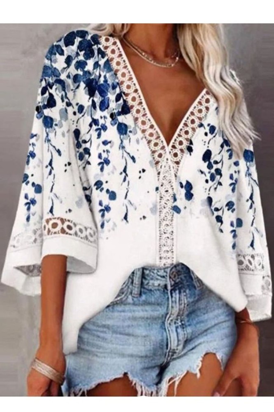 Clothing Azzlee Blouse & Shirts | Casual Graphic Tops V-Neck Long Sleeve Flower Printed Blouse White