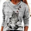 Clothing Azzlee Sweatshirt & Hoodies | Cute Graphic Tops Round Neck Long Sleeve Cat Printed Sweatshirts Gray