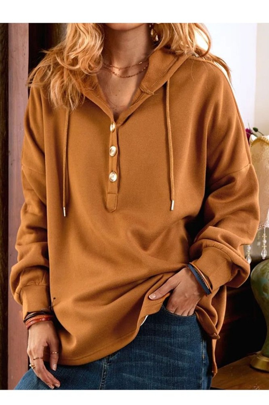 Clothing Azzlee Sweatshirt & Hoodies | Casual Tops Long Sleeve Solid Hoodies Khaki