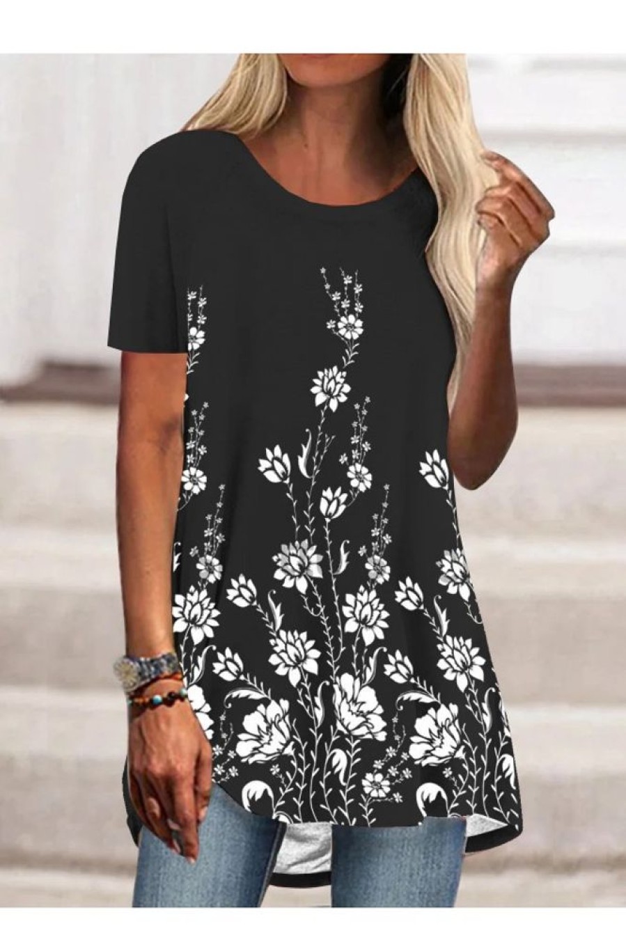 Clothing Azzlee Blouse & Shirts | Casual Round Neck Printed Short Sleeve Blouse Black