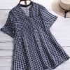 Clothing Azzlee Blouse & Shirts | Blue Plaid Buttons Stand Collar Short Sleeve Blouse